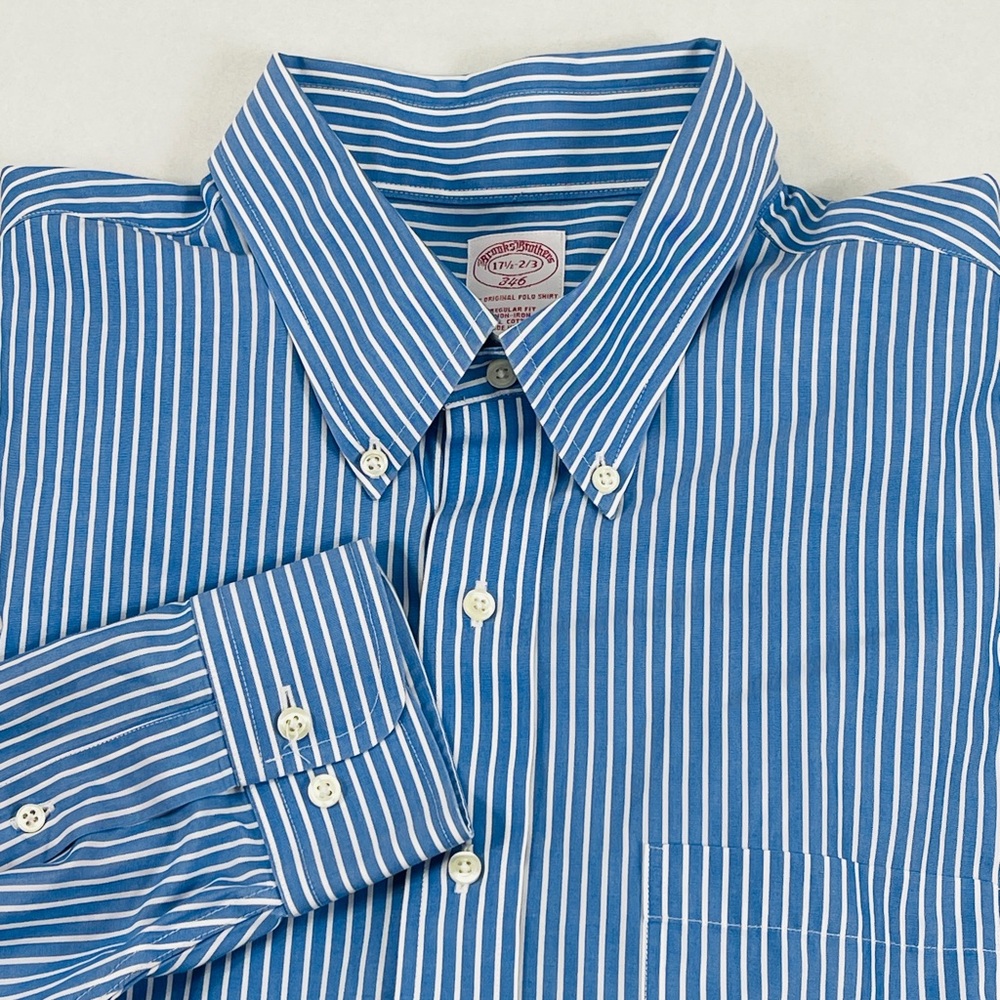 Brooks Brothers Dress Shirt Men 17.5-2/3 Blue Stripe Long Sleeve Non-Iron Cotton